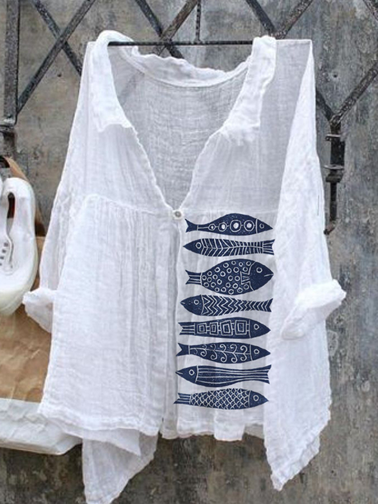 Comstylish Vintage Japanese Art Fish Linen V Neck Button Comfy Shirt