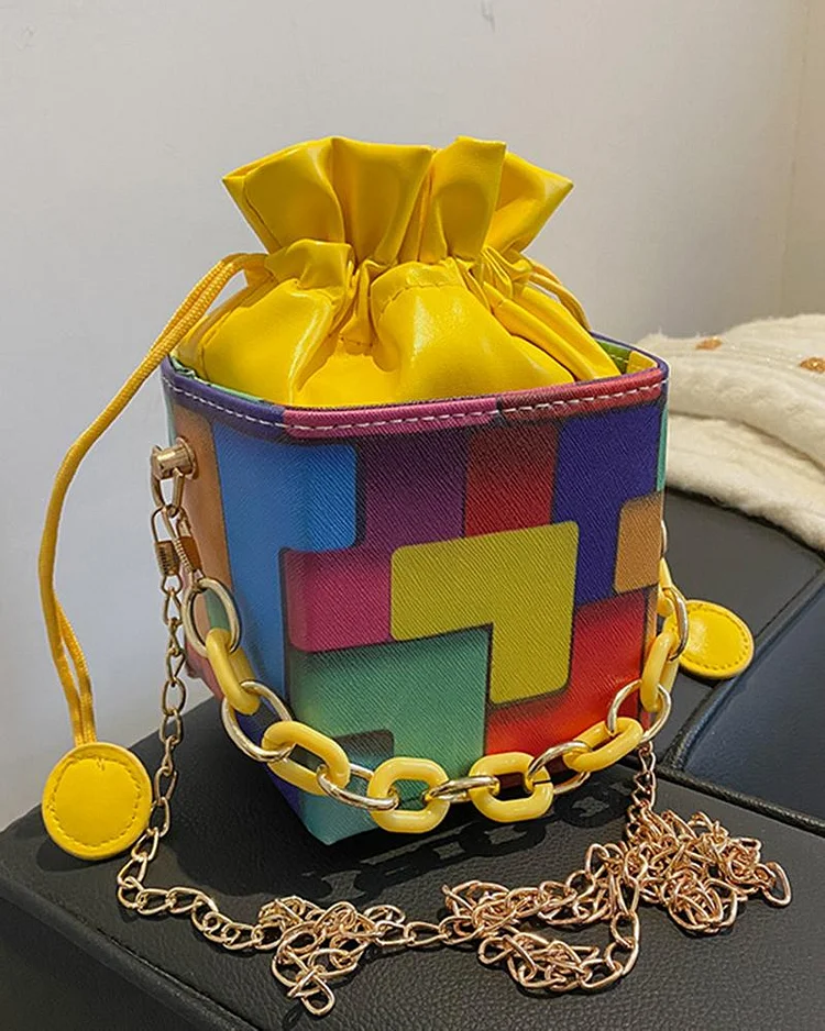 Colorblock Chain Strap Drawstring Bucket Bag