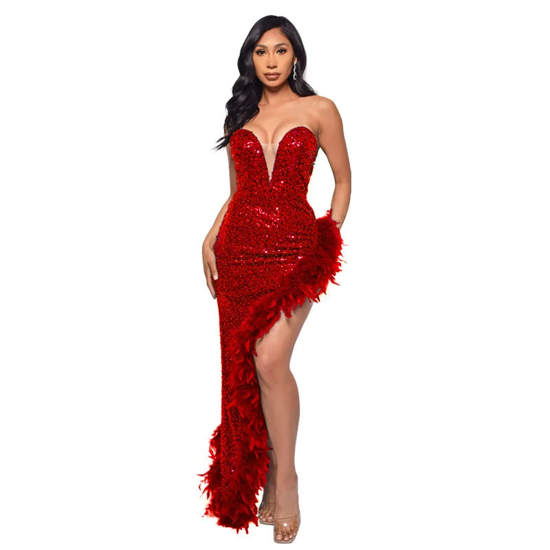 Uveng Tube Backless Sequined Feather Dress Dresses