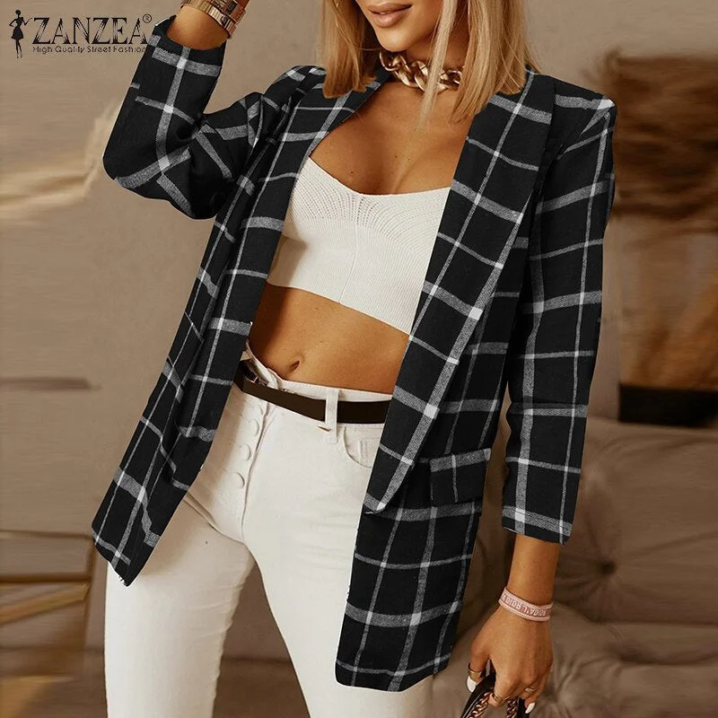 2022 ZANZEA Women Autumn Blouse Fashion Checked Top Casual Long Sleeve Open Front Cardigan Outwears Female Lapel Oversized Tunic