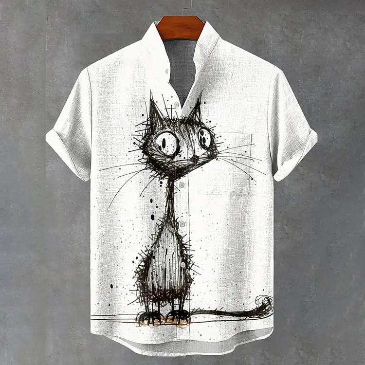 Abstract  Cat Vintage Art Print Casual Cotton Shirt