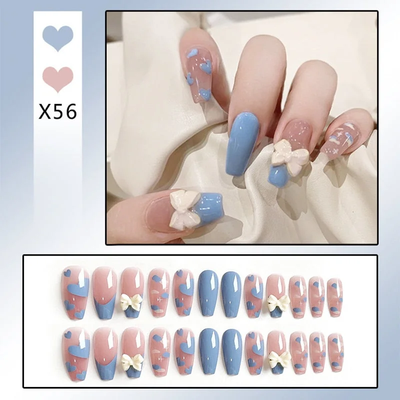 24pcs False Nails With Designs Full Cover Long Head Cute Blue Flower Fake Nail Wearable Finished Nail Piece With Glue Ty-Nail Inspo