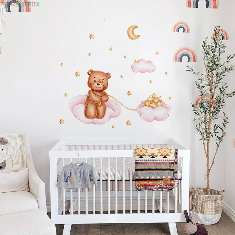 Bear And Star Wall Stickers For Kids Rooms Children's Room Wallpaper Pink Clouds Decorative Sticker Children Wall Stickers Child