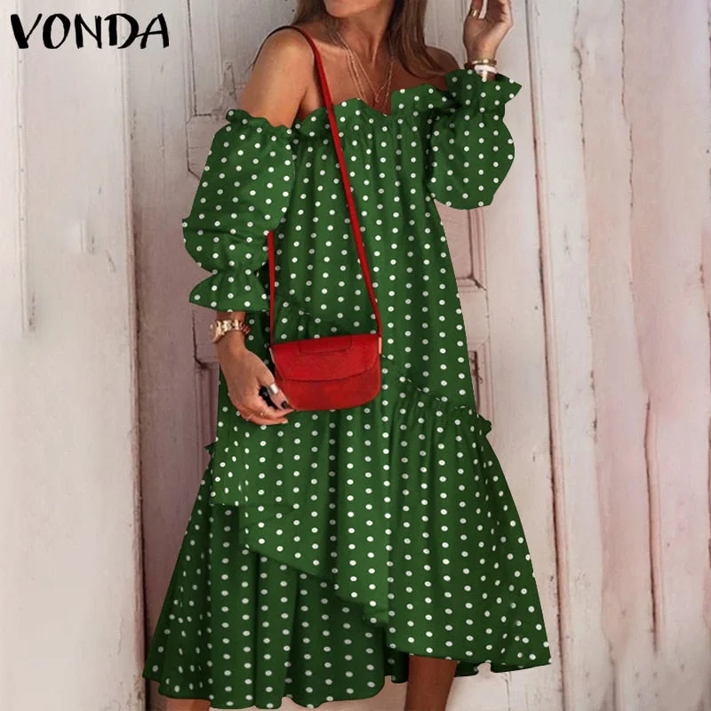 2022 VONDA Summer Sexy Off Shoulder Dress Women Long Sleeve Irregular Hem Lace Pleated Midi Sundress Bohemian Party Beach Robe