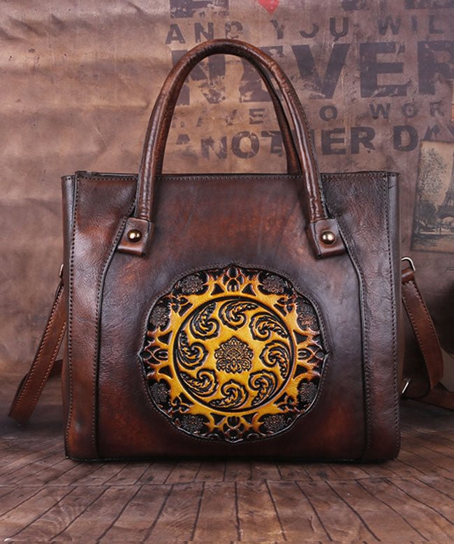 Boho Chocolate Embossing Paitings Calf Leather Tote Handbag CK508- Fabulory