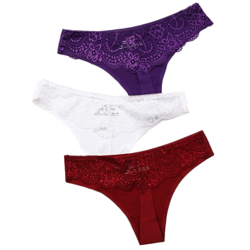 3Pcs/Lot Sexy Women G-string Thongs Lace Floral Sheer Low Waist Underwear Soft Lingerie Ice Silk Briefs Seamless Panties Soft