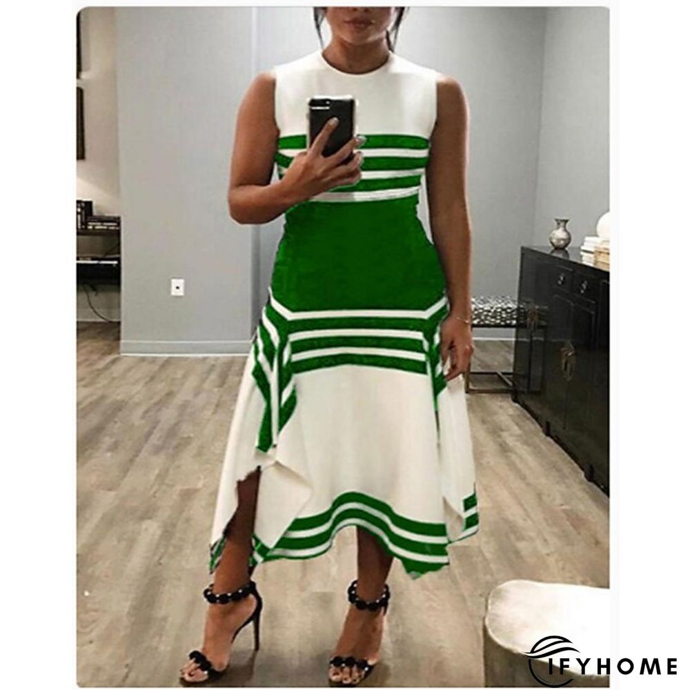 Women's Work Dress Midi Dress White collar stripes Black collar stripes Green Short Sleeve Color Block Print Spring Summer Crew Neck S M L XL XXL XXXL | IFYHOME