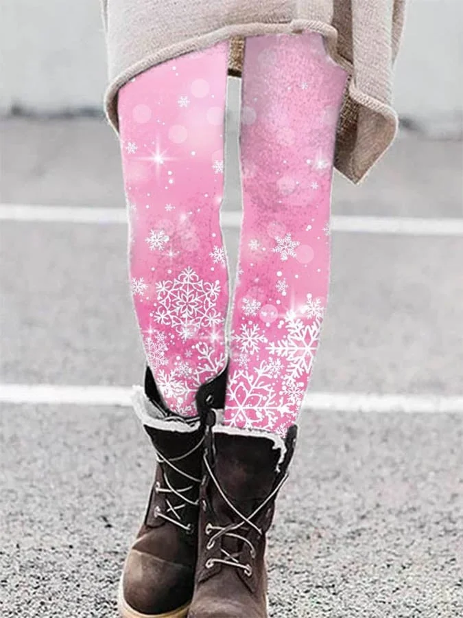 Women;s Pink Merry Christmas Print Casual Leggings