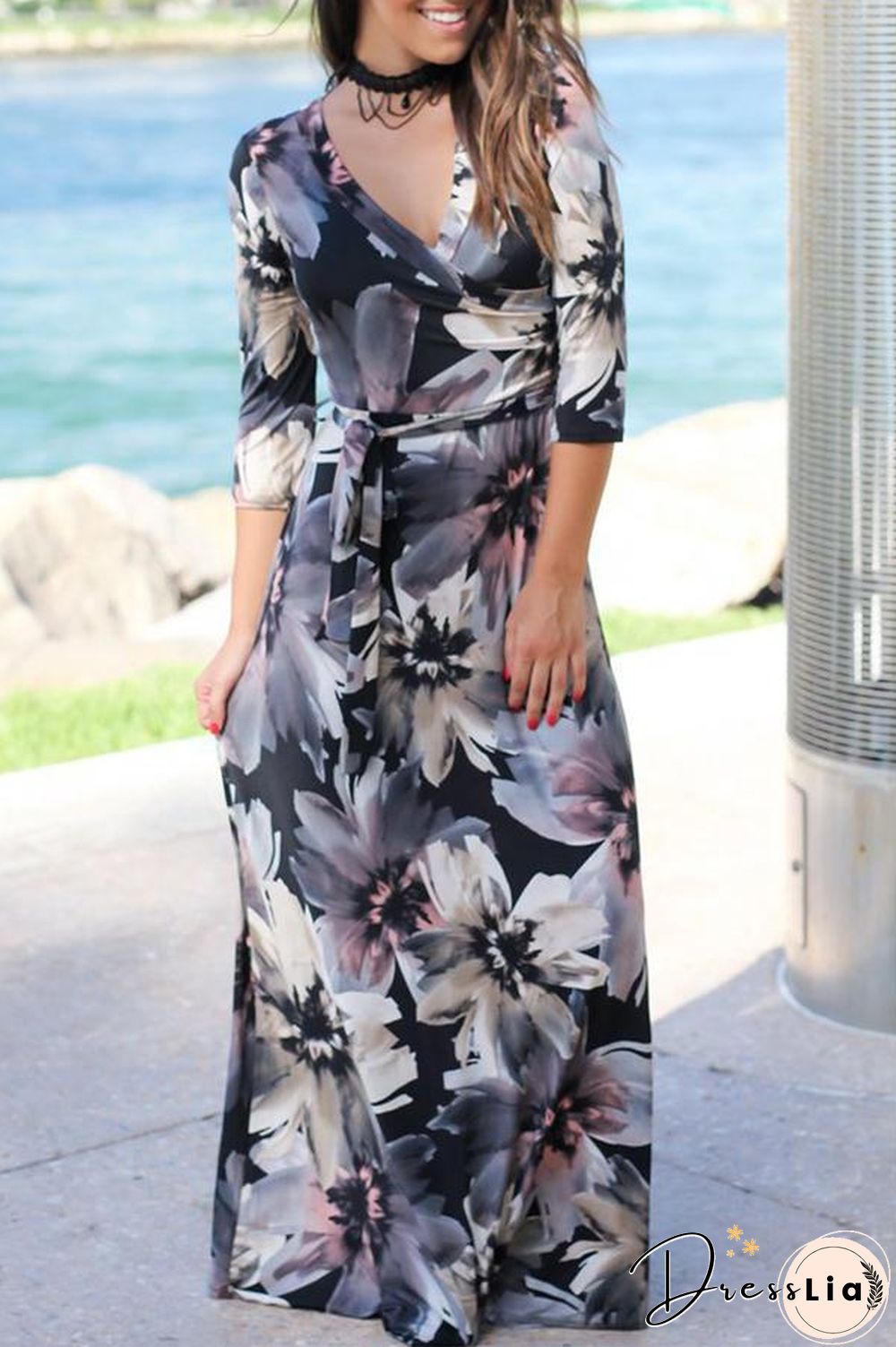Mixed Color Flower Printed V Neck Maxi Dress