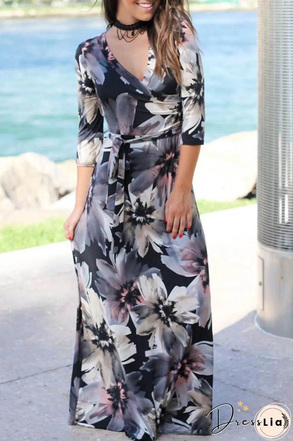 Mixed Color Flower Printed V Neck Maxi Dress