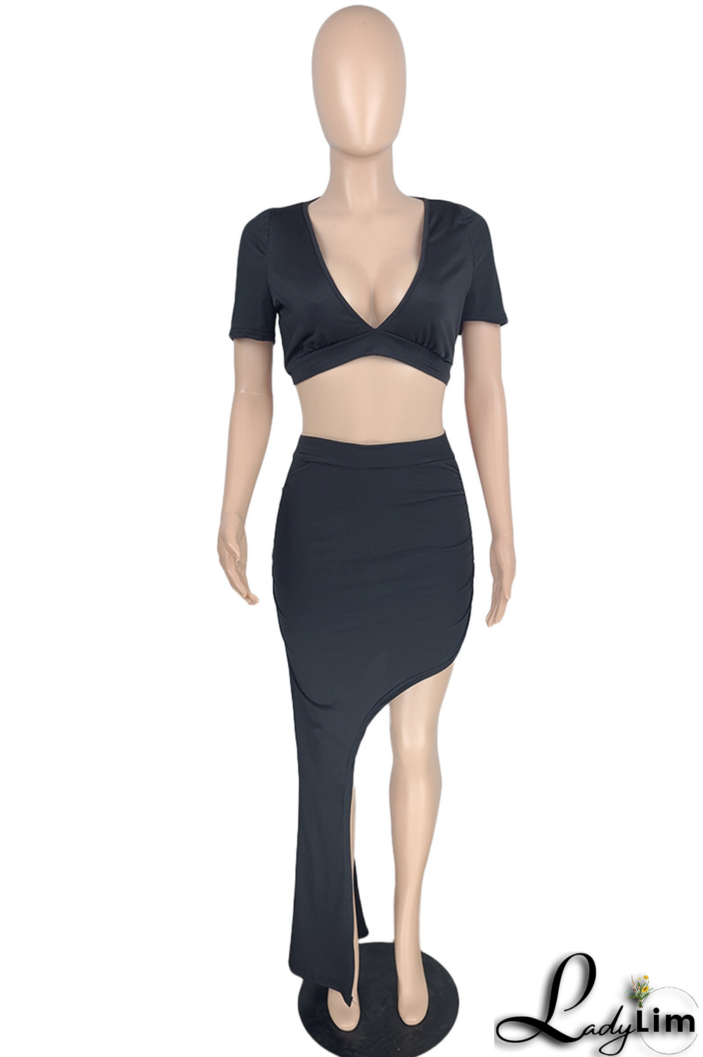 Light Blue Sexy Solid Split Joint V Neck Short Sleeve Two Pieces