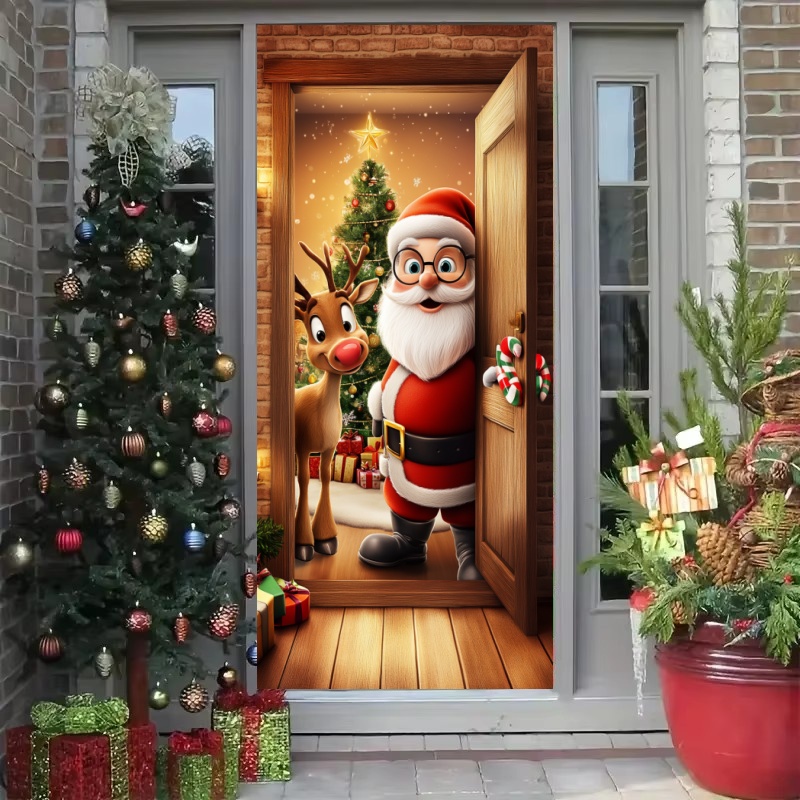 Tegooe Christmas Fabric Door Cover Banner Merry Xmas Photo Booth Backdrop for IndoorOutdoor Holiday Decor