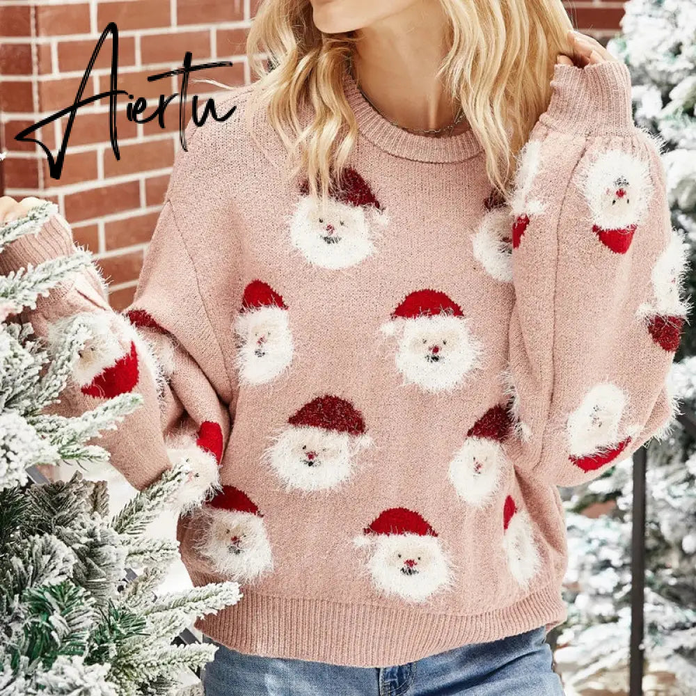 Ladies Cute Sweater Autumn/Winter New O-Neck Lantern Sleeve Loose Knitted Tops Traf Pullover Father Christmas Sweaters New Year Aiertu