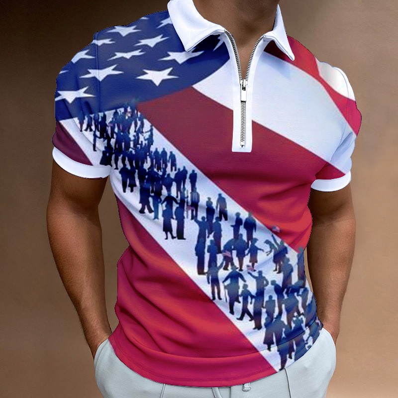 Men's Independence Day printed short sleeved zippered polo shirt PLUSCLOTHESMAN