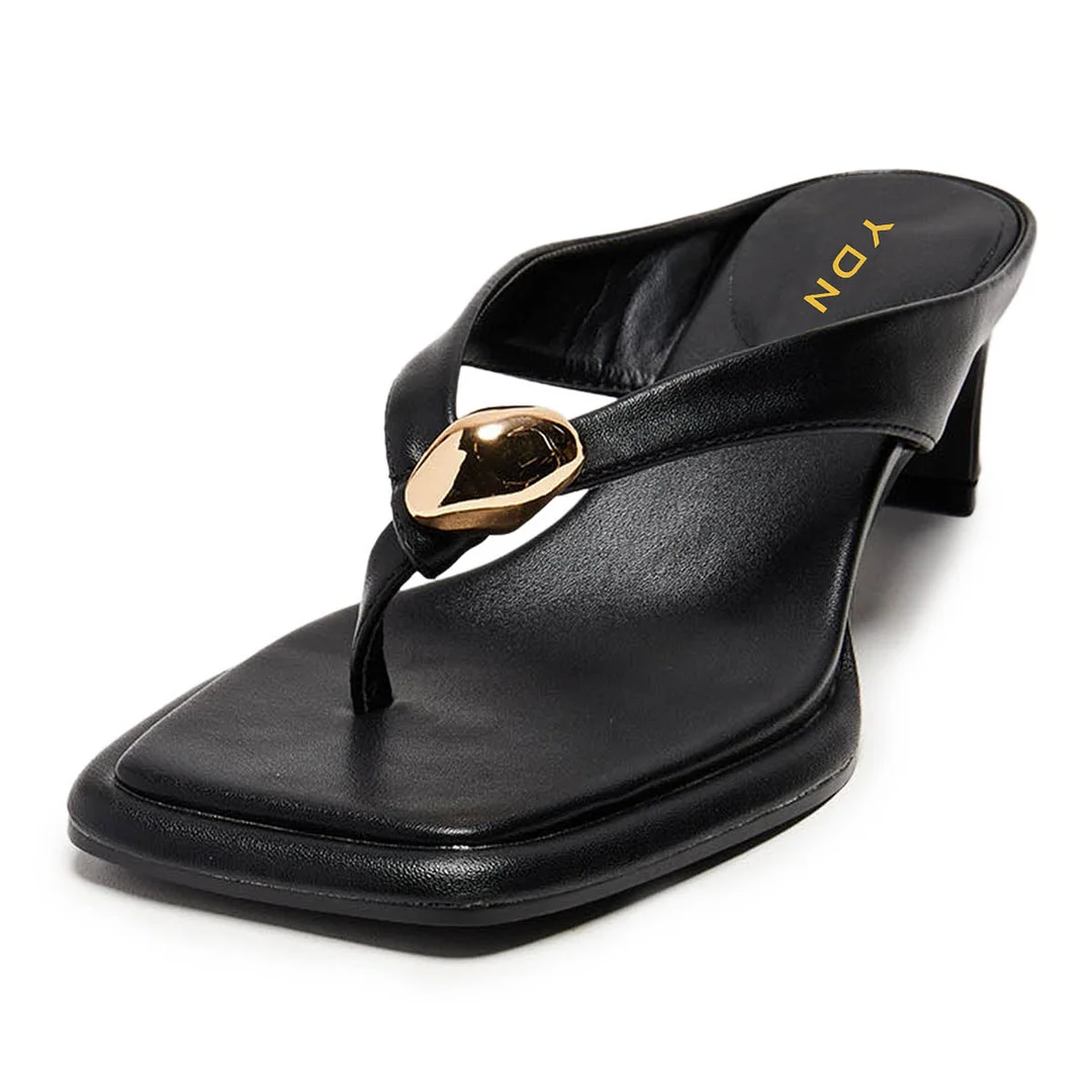 Vegan Leather Metal Decor Chunky Heel Black Sandals for Women