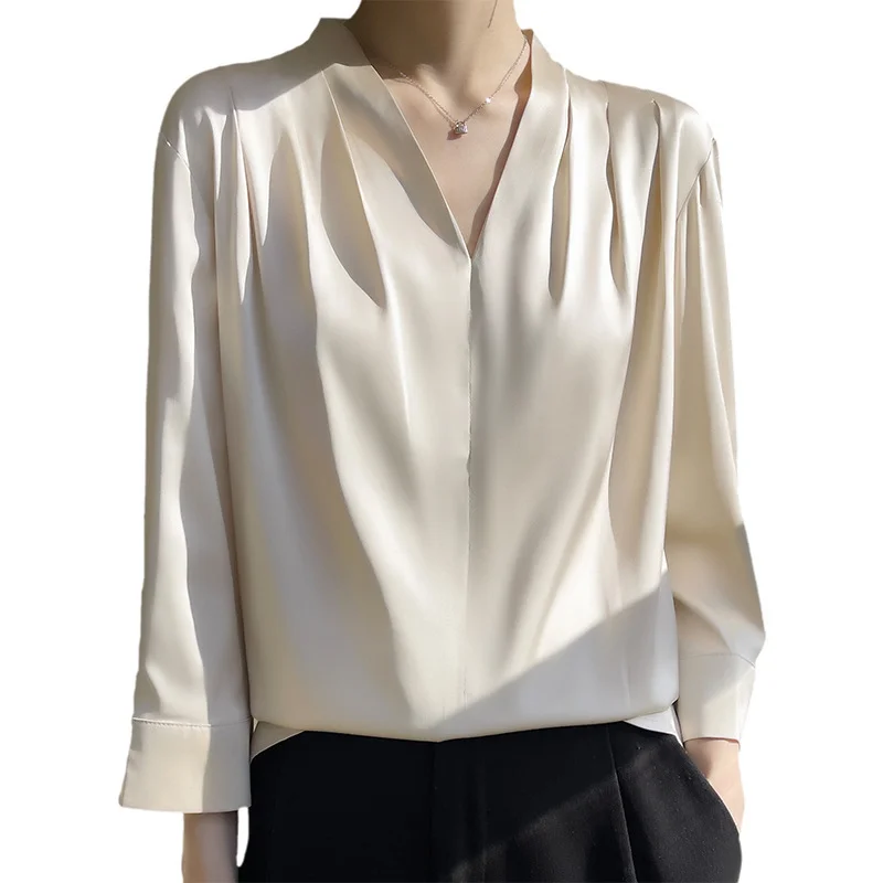 Churchf Churchf 2023 Summer Women's New Satin Shirt V-Neck Simple Nine-Minute Sleeve Temperament Versatile French Jacket