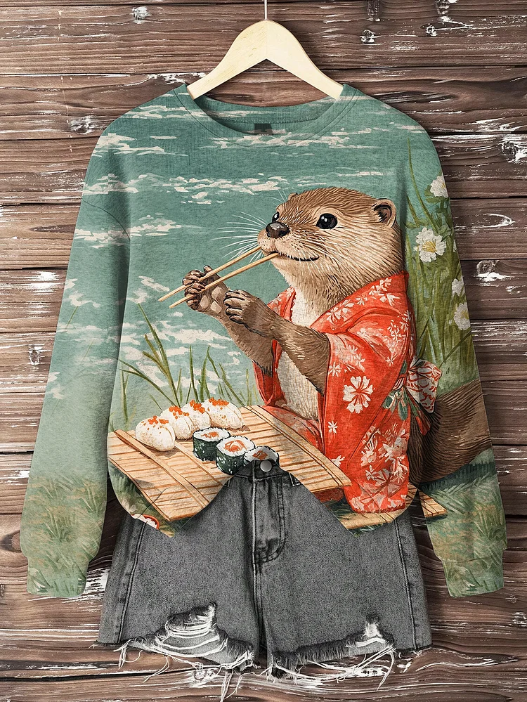 Women's Japanese Kimono Otter Eating Sushi Art Print Casual Sweatshirt