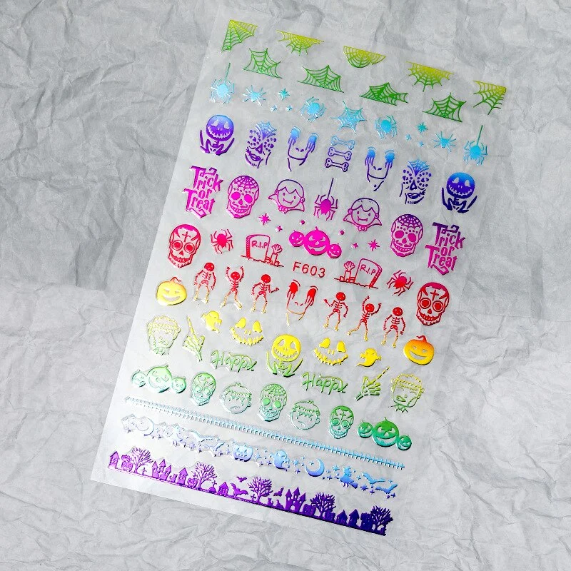 Halloween Nail Art Stickers Laser Black and White Skull Bat Spider Web Pumpkin Sticker Designer 3D Manicure Art Decals 9*16CM