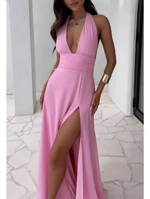 Style & Comfort for Mature Women Solid color sexy deep V backless dress