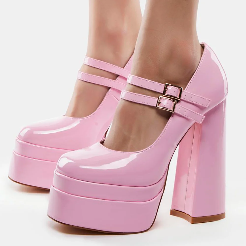 Pink Platform Mary Jane Shoes Square Toe Patent Heel High Heel Platform Pumps