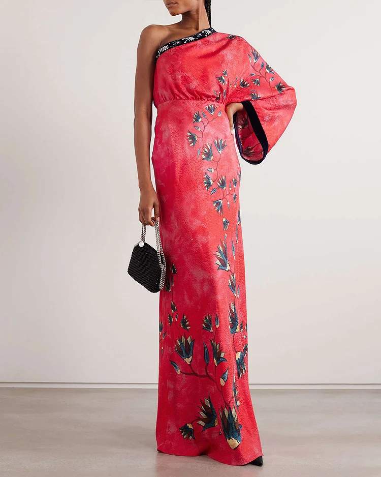 One-shoulder embellished velvet-trimmed silk-jacquard maxi dress
