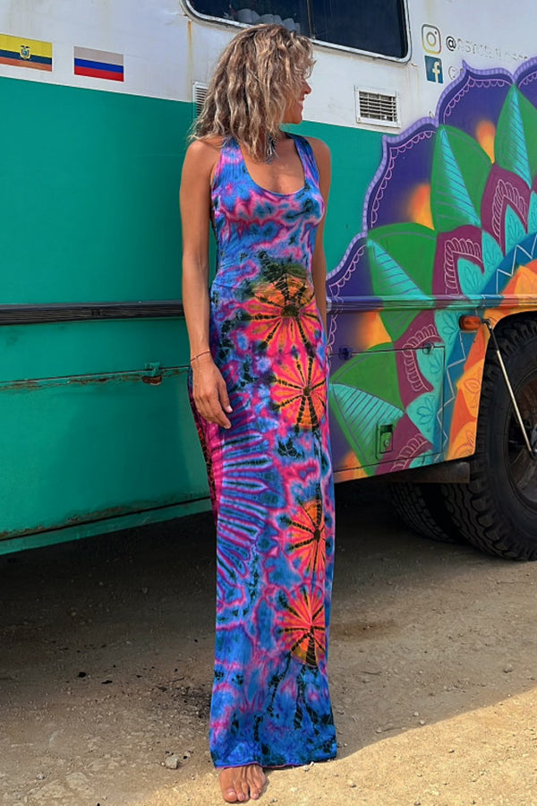 La Bamba Tie-dye Print Back Lace-up Stretch Maxi Dress La Bamba Tie-dye Print Back Lace-up Stretch Maxi Dress