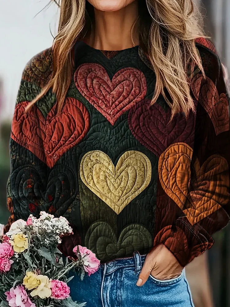 Women's Heart Art Pattern Print Casual Crew Neck Sweatshirt