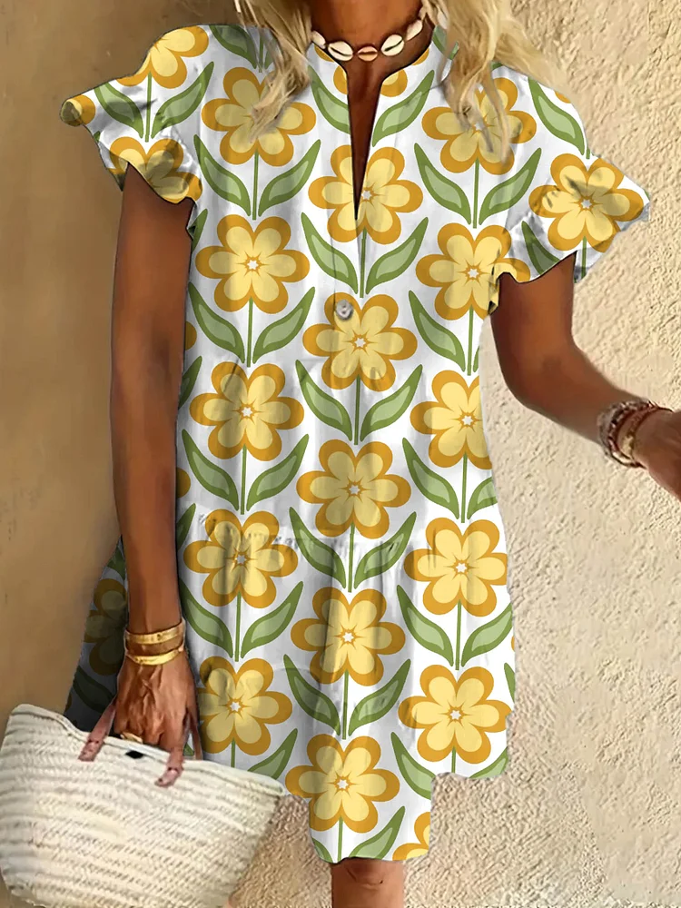 Multicolor Cute Flower Art Print Ruffled Short-sleeved V-neck Buttoned Dress Vacation Beach Dress