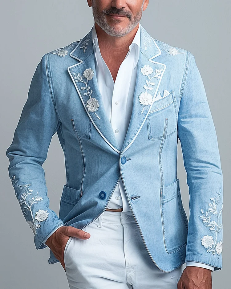  Men’s Floral Notched Lapel Two Button Denim Blazer