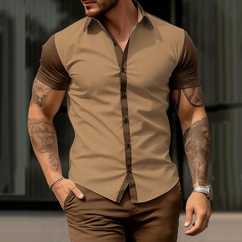 Men's Retro Color Block Lapel Short Sleeve Shirt 11124231TO