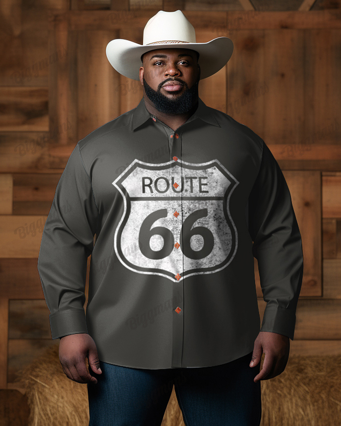 Men's Plus Size Classic Route 66 Print Long Sleeve Shirt