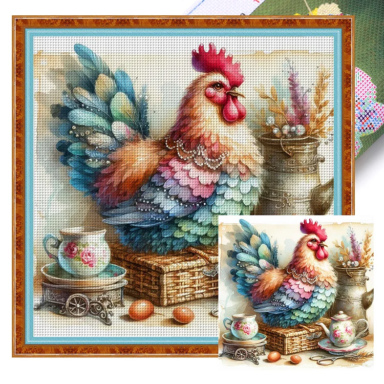 Flower And Grass Rooster (40*40cm) 14CT Stamped Cross Stitch gbfke