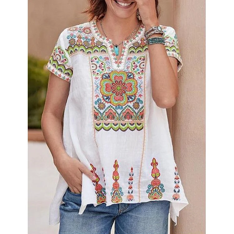 Fashion Printed V-neck Short Sleeve Top