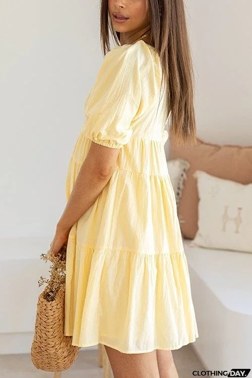 V Neck Puff Sleeve Mini Dress