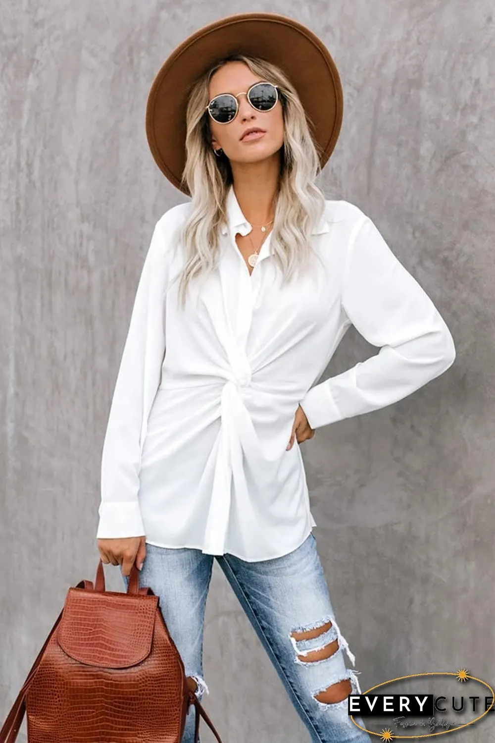 White Button Down Twist Blouse