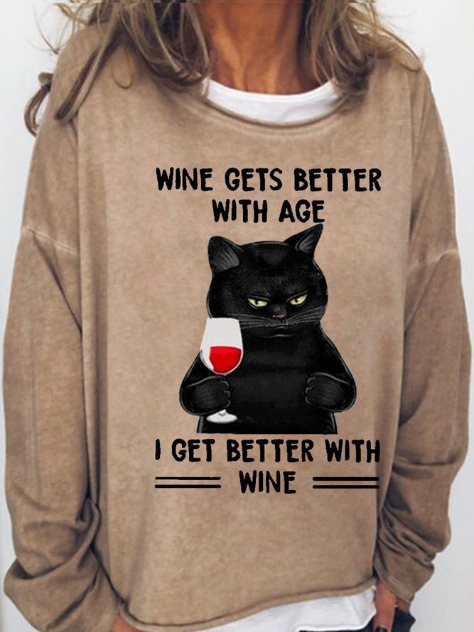 Long Sleeve Crew Neck Black Cat Wine Gets Better With Age I Get Better With Wine Casual Sweatshirt