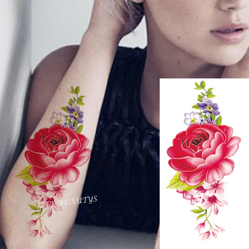 Sdrawing Transfer Pink Henna Rose Flower Temporary Tattoo Sticker Butterfly Pattern Body Art Waterproof Fake Woman's Flash Tattoo