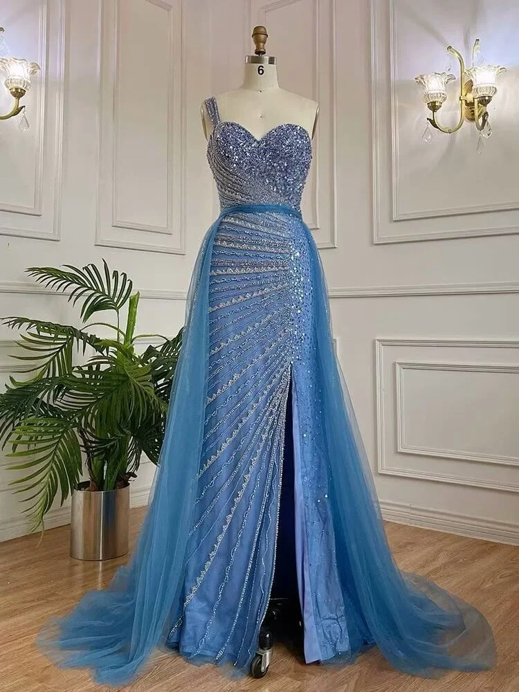 One Shoulder Cape Sleeve Applique Mermaid Side Slit Evening Dress