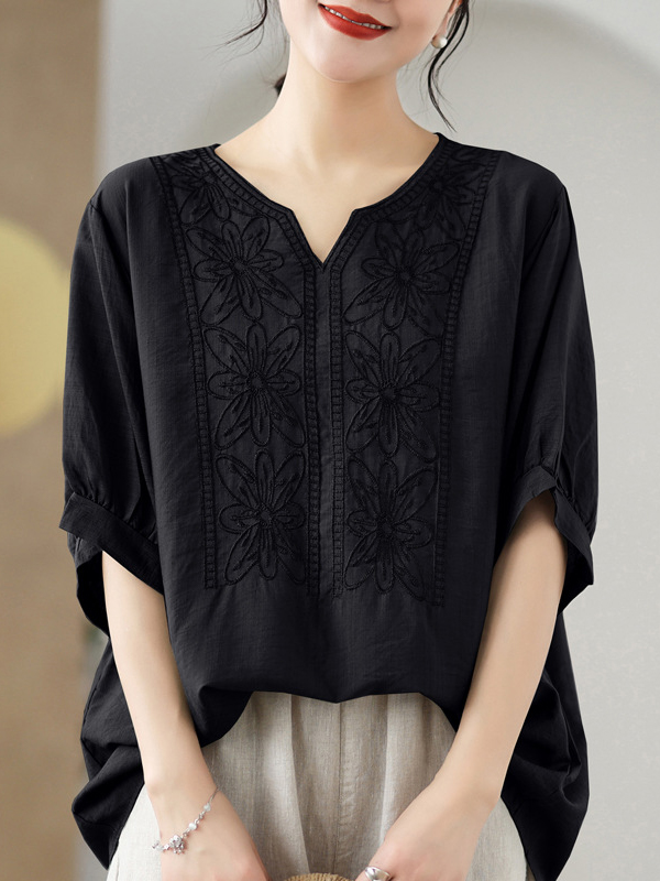 Floral Embroidery Short Sleeve V Neck Top
