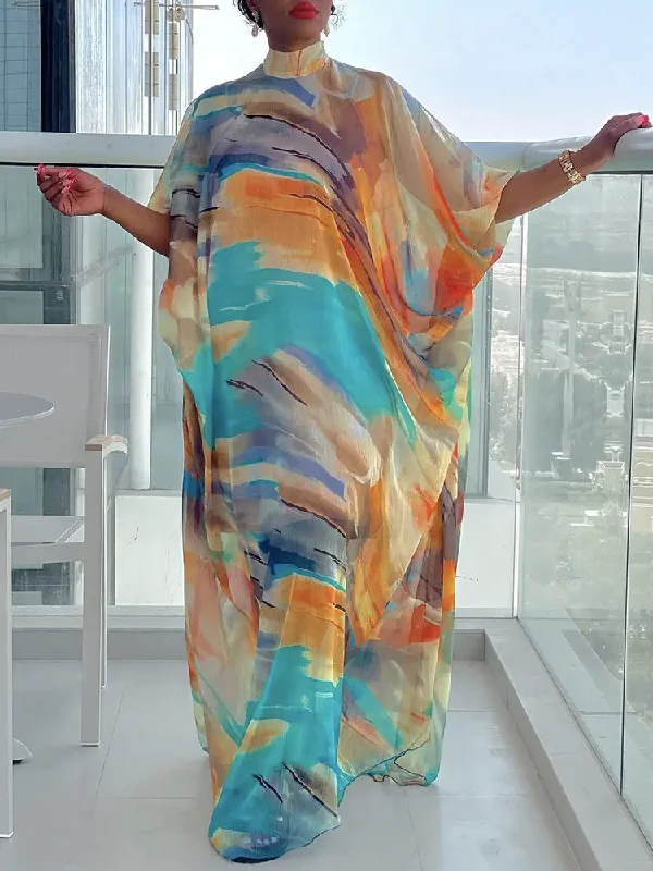 Vacation Batwing Sleeves Contrast Color Stamped High-Neck Maxi Dresses