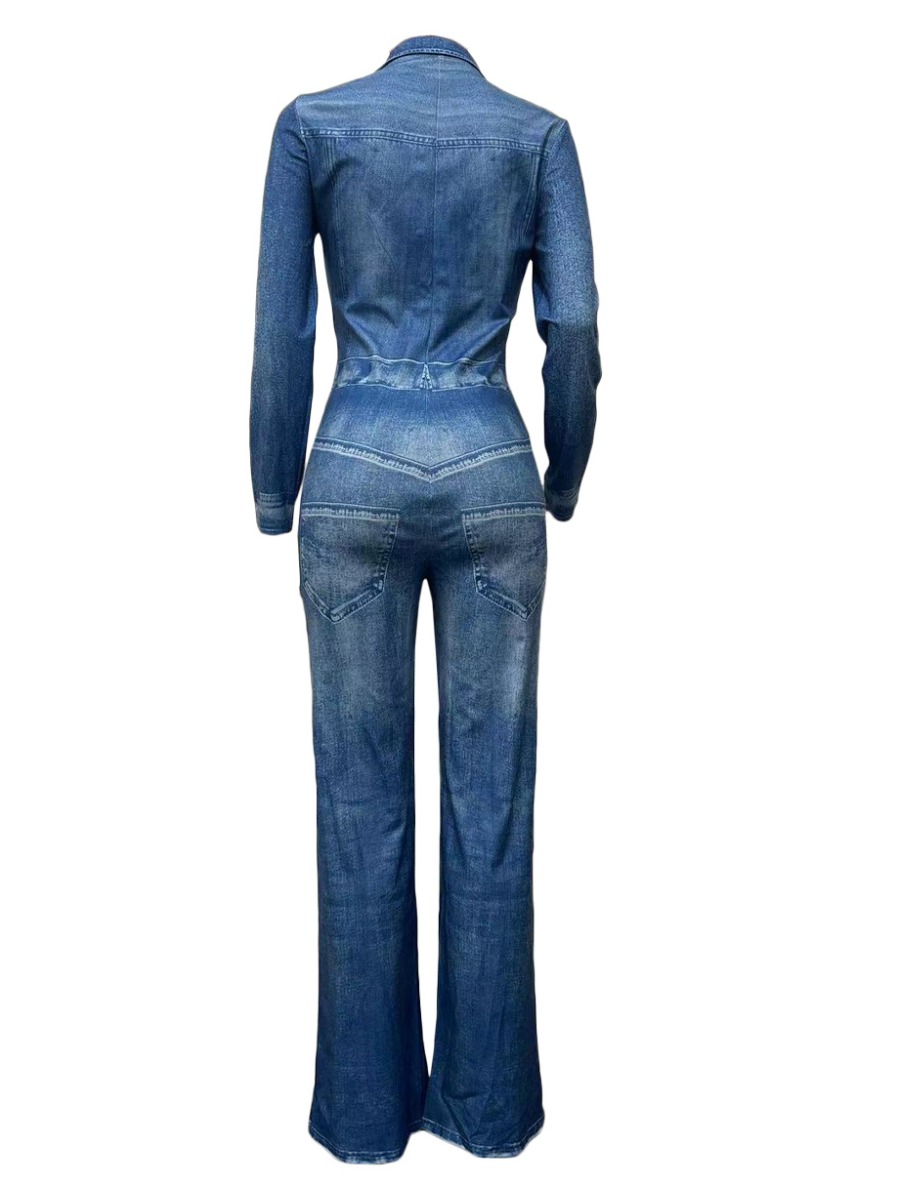 Autumn Winter Women Imitation Denim Pocket Button Design Jumpsuit Vintage Jumpsuits