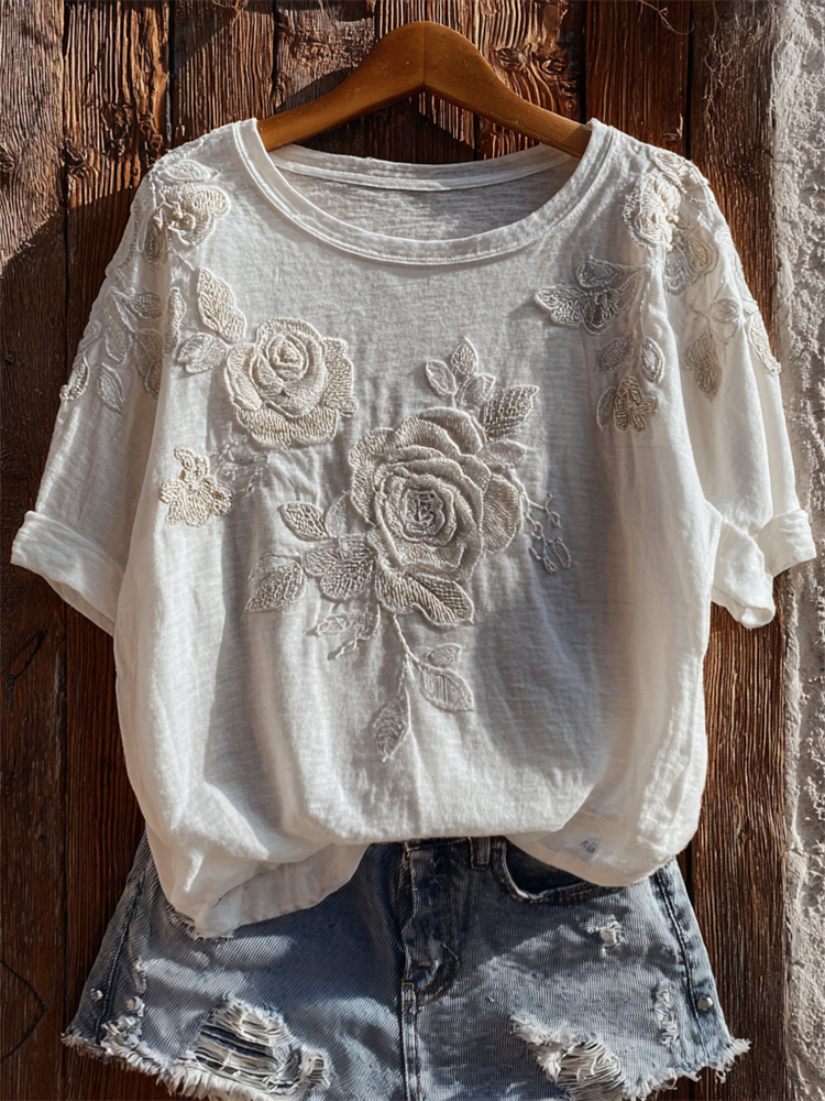 Classy White Roses Embroidered Lace Comfy T Shirt wearshes