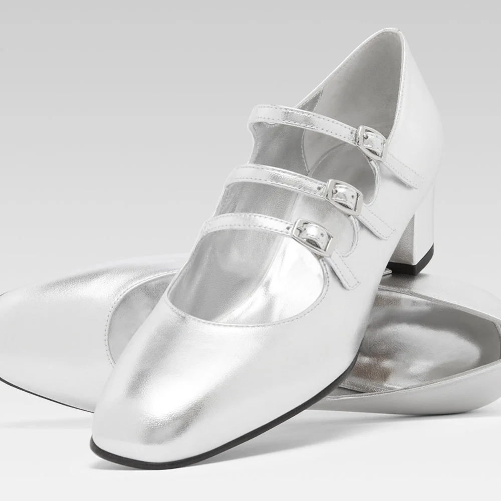 Women's Strappy Mary Jane Block Heel Silver Pumps with Buckle