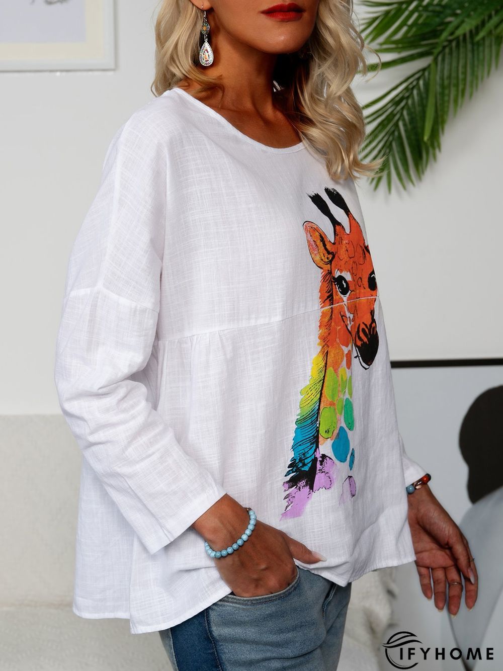 White Casual Daily Animal Printed Cotton-Blend A-Line T-shirt | IFYHOME