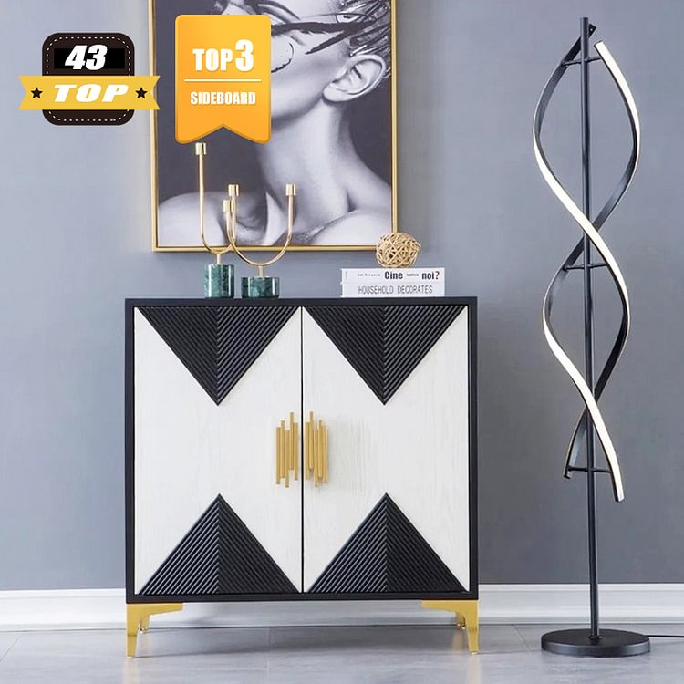Homemys Modern Black & White Sideboard Buffet Accent Cabinet Gold Finish