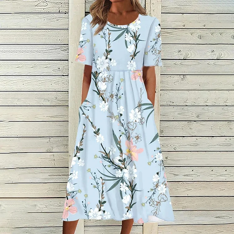 Comstylish Floral Print Round Neck Short Sleeve Casual Midi Dress