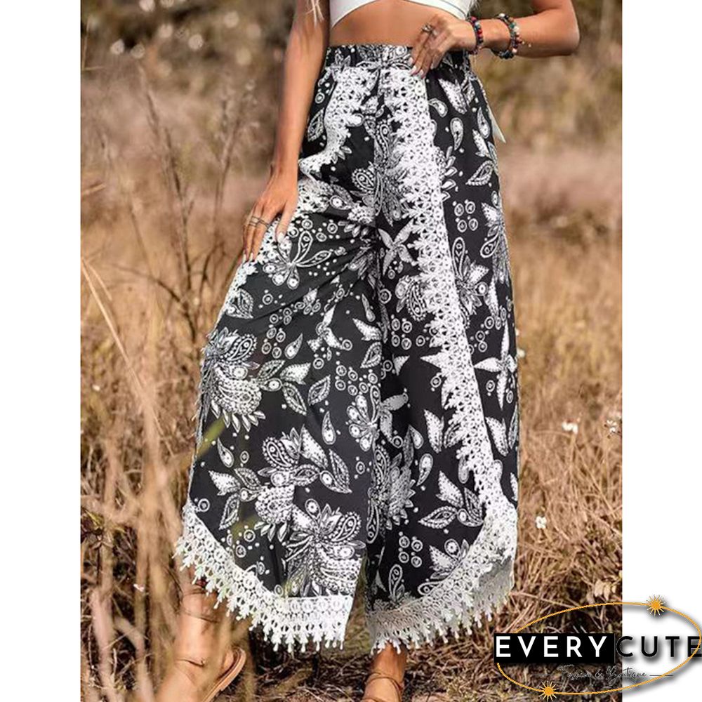 Black Floral Print Spliced Casual Pants