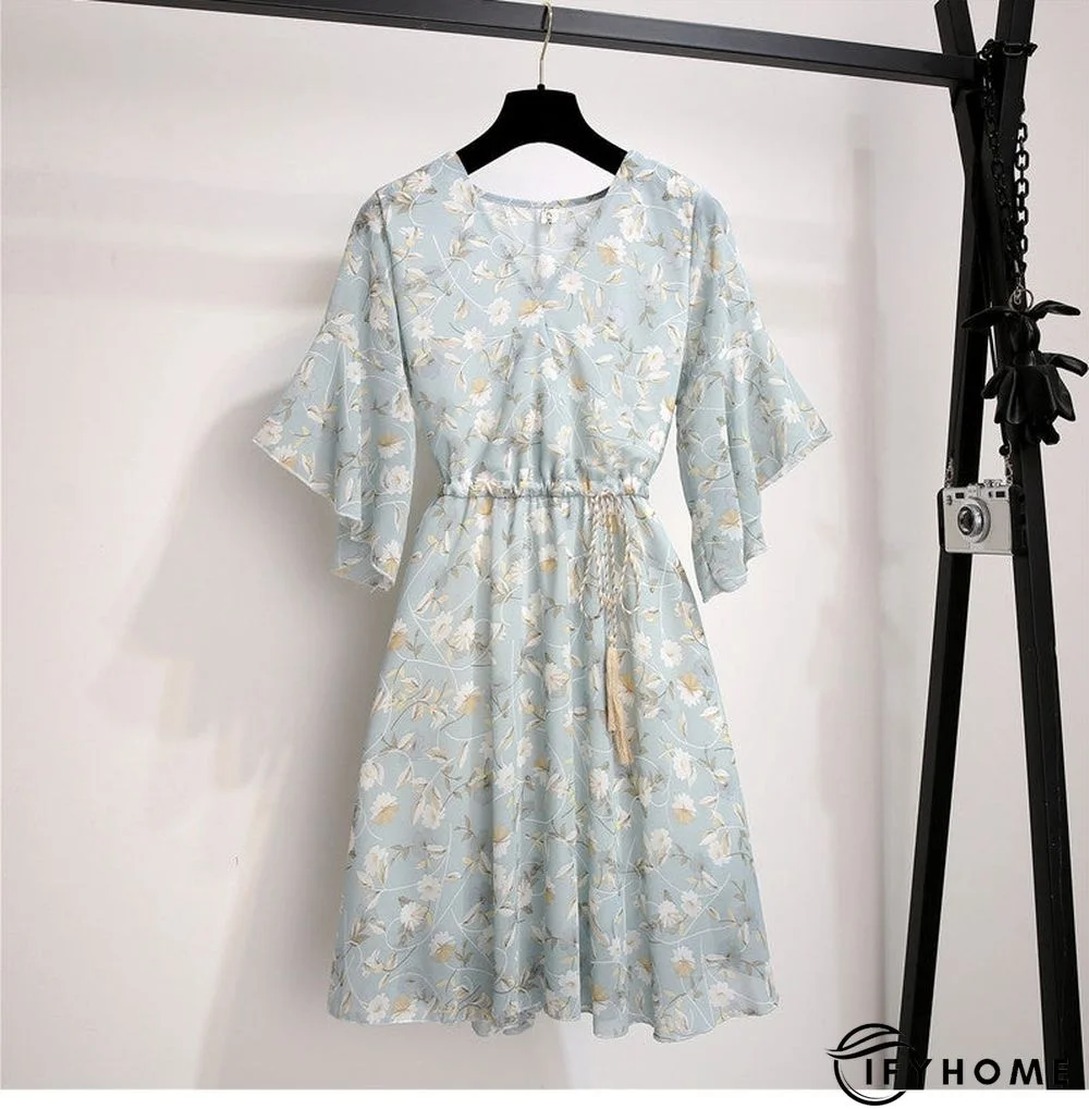 Spring Summer Chiffon Women V-Neck Floral Print Short Dresses Sweet Ruffle Sleeeve Slim Drawstring Ladies Dress | IFYHOME