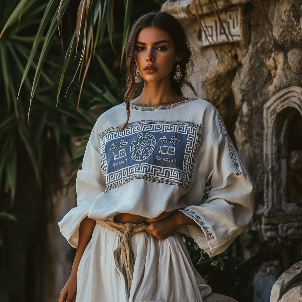 Vintage Greek Key Motif Cretan Embroidery Linen Blend T-shirt