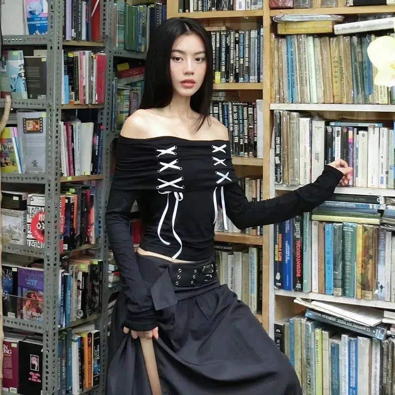 Brownm Grunge Off Shoulder Lace Up Top